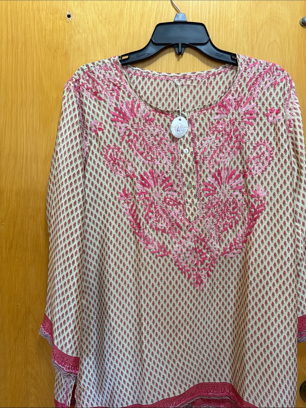Embroidered Pink Floral Tunic Silk Top - Women